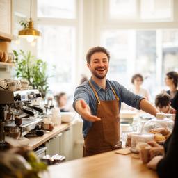 Colsey greeting a customer across the bright coffee shop counter