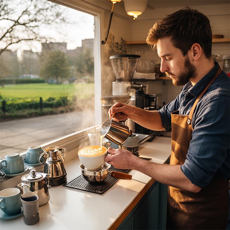 Barista pouring latte art beside the Peel Park Crescent kiosk in Salford