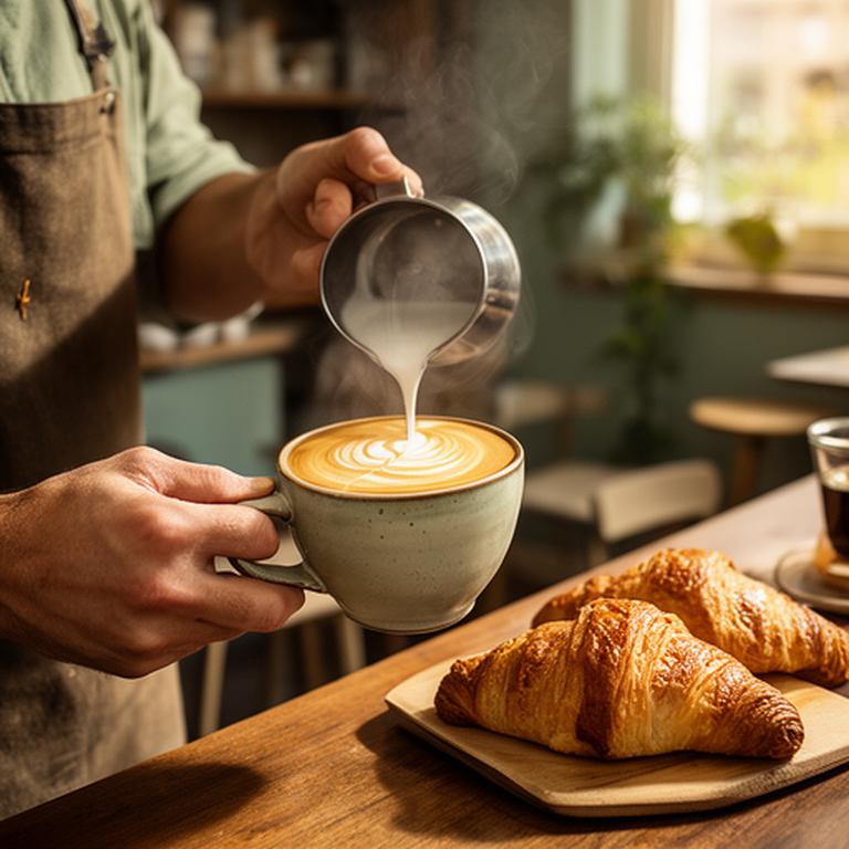 Barista pouring latte art beside fresh pastries in a welcoming Salford coffee shop