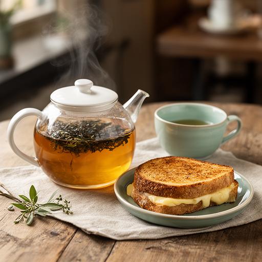 Loose-leaf tea pot and cup beside a small plate of sourdough toastie