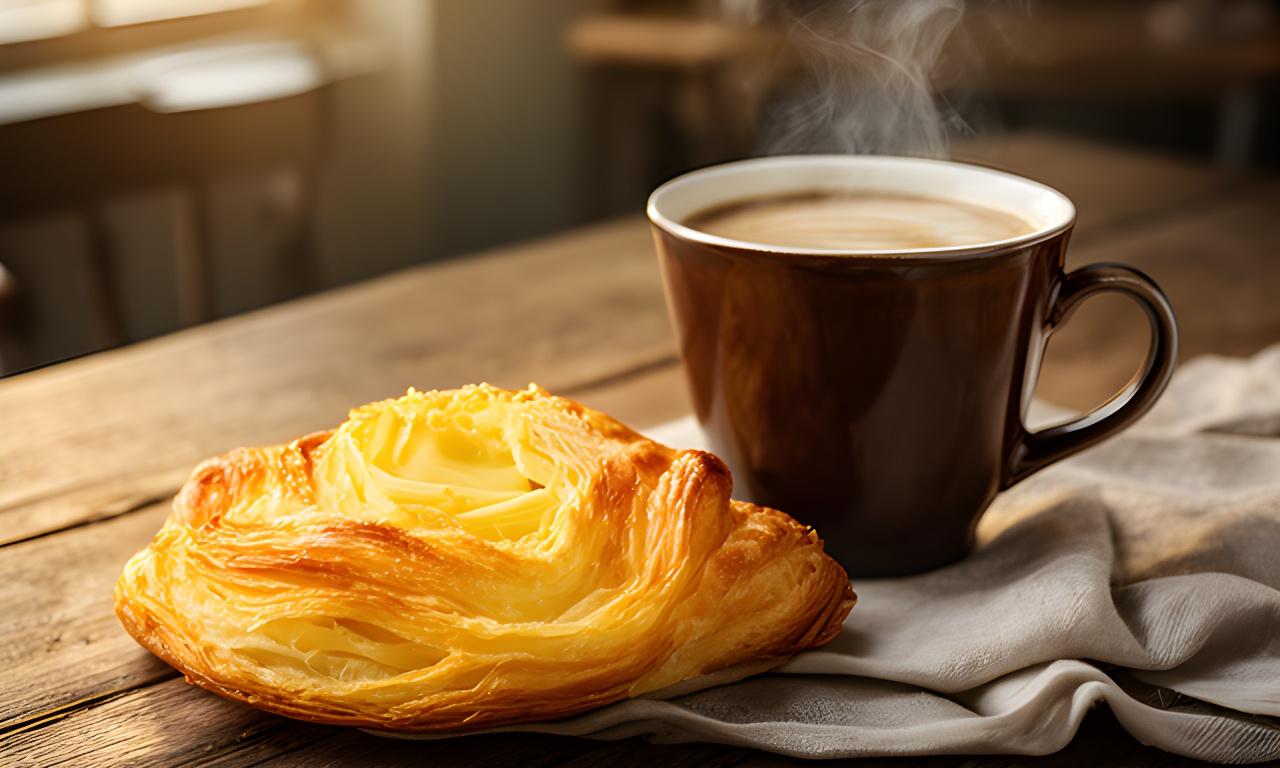 Butter pastry and large hot coffee on a wooden table during a quiet morning