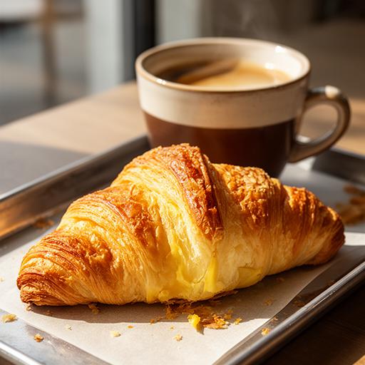 Golden butter croissant on a tray beside a coffee cup in the morning light