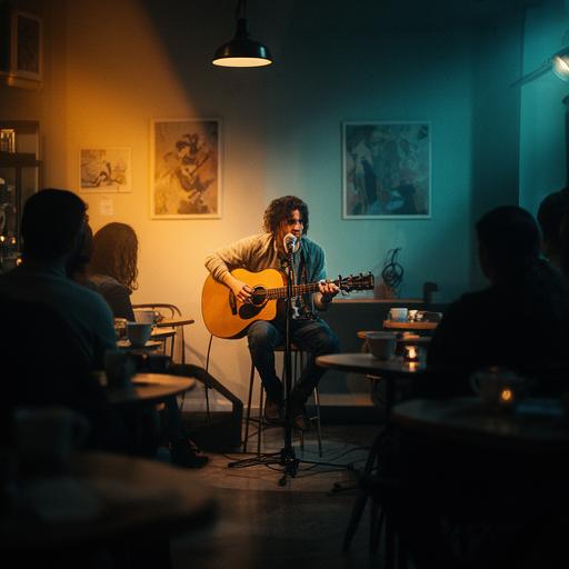 Local musician performing at an open mic evening inside the coffee shop