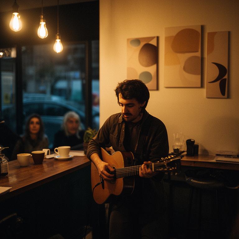 Acoustic guitarist performing beside a warmly lit coffee shop counter on Friday evening