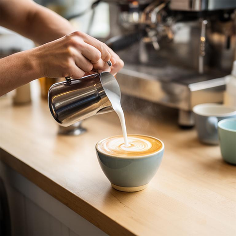 Barista pouring silky milk into a latte at a bright coffee counter