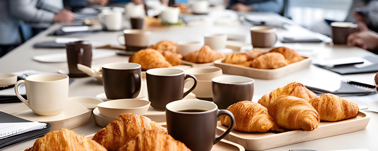 Coffee cups and pastry catering trays arranged for an office meeting in Salford