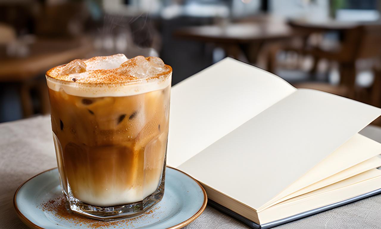 Seasonal iced coffee drink with cinnamon beside a notebook in a relaxed cafe
