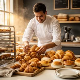 James arranging fresh pastries on a bakery counter