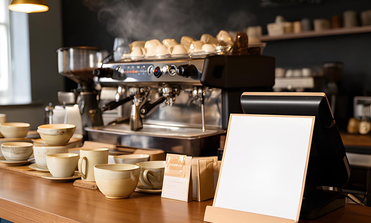 Coffee counter with ceramic cups and a printed terms notice beside a till
