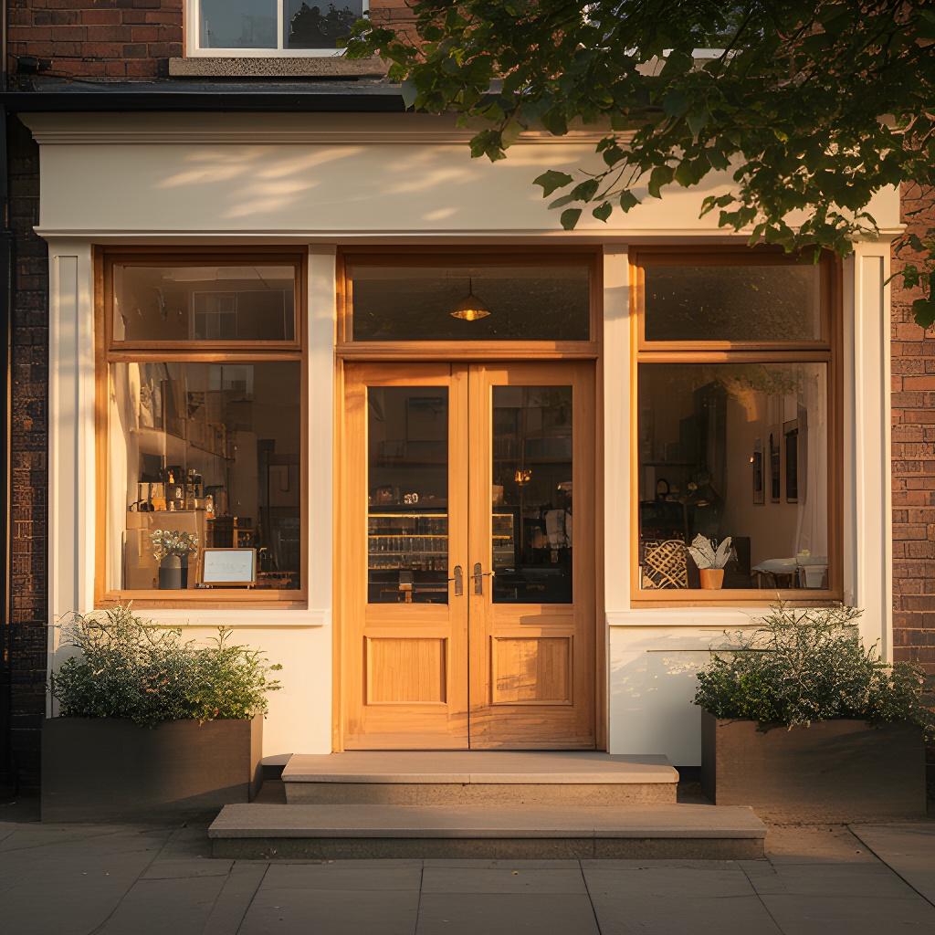 Warm coffee shop entrance on Peel Park Crescent in Salford with timber doors and morning light